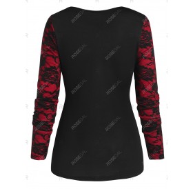 Round Collar Rose Print Lace Up T Shirt - Xl