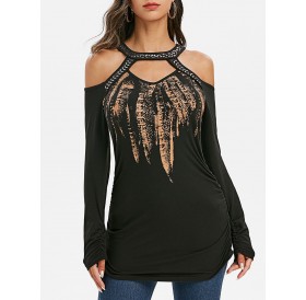 Metallic Feather Print Cold Shoulder Ruched Tee - 3xl