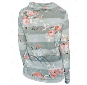 Cowl Neck Striped Flower Print Long Sleeve Tee - 2xl