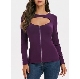 Cut Out Zip Up Long Sleeves Tee - 3xl