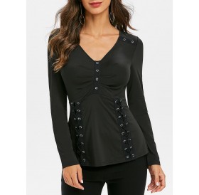 Grommet Lace-up Long Sleeve Top - Xl