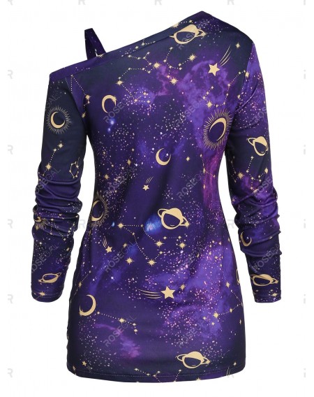 Skew Neck Halloween Star Moon Printed Asymmetric Sweatshirt - 3xl