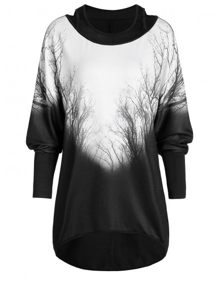 Tree Branch Print Contrast High Low Faux Twinset T-shirt - 2xl