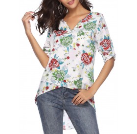 Roll Tab Sleeves Floral Print Pocket High Low Blouse - 2xl