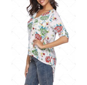 Roll Tab Sleeves Floral Print Pocket High Low Blouse - 2xl