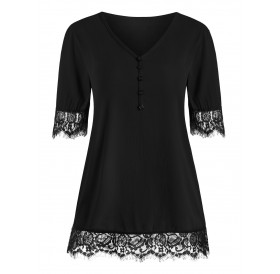 Eyelash Lace Panel Buttons Short Sleeves Blouse - 2xl