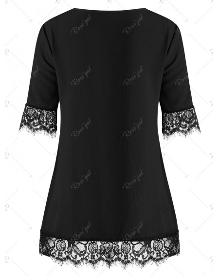 Eyelash Lace Panel Buttons Short Sleeves Blouse - 2xl