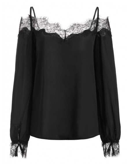 Lace Panel Cold Shoulder Long Sleeves Blouse - Xl