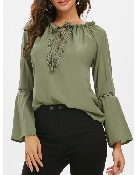 Guipure Lace Panel Frilled Long Sleeve Blouse - Xl