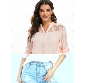 Lace Panel Roll-tab Sleeve High Low Blouse - Xl