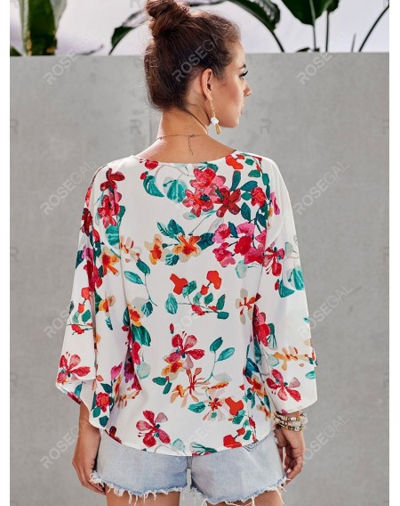 Floral Printed Self-tie Wide Sleeve Blouse - 2xl