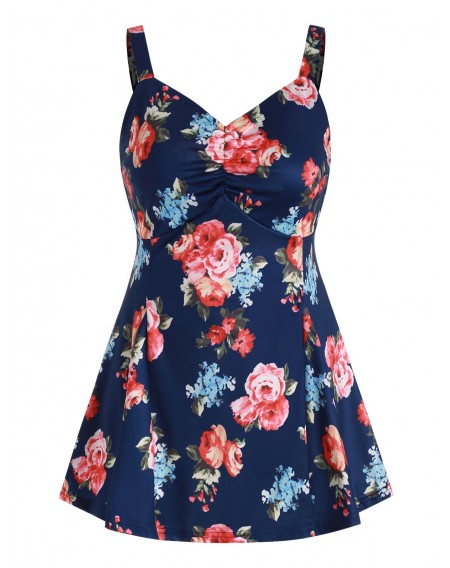 Floral Print Ruched Swing Tank Top - M