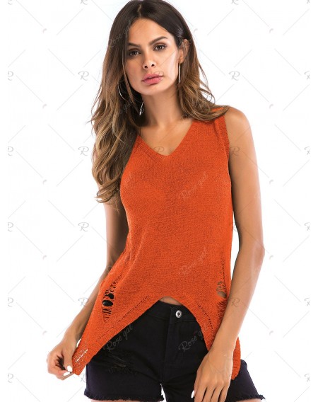 Distressed V Neck Asymmetrical Knitted Tank Top - Xl