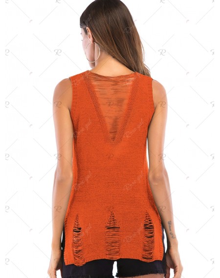 Distressed V Neck Asymmetrical Knitted Tank Top - Xl