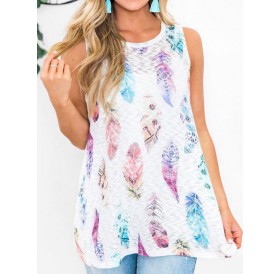 Feather Print Semi Sheer Round Neck Tank Top - S