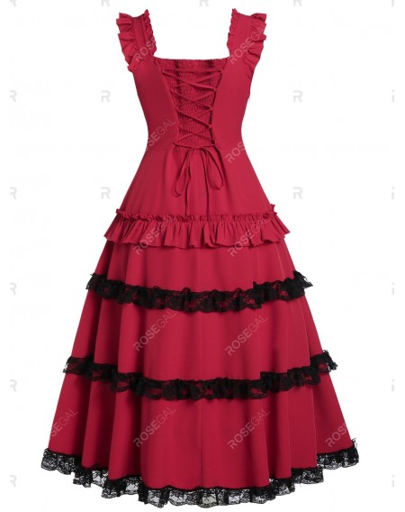 High Waist Lace Panel Ruffle Smocked Vintage Dress - 3xl