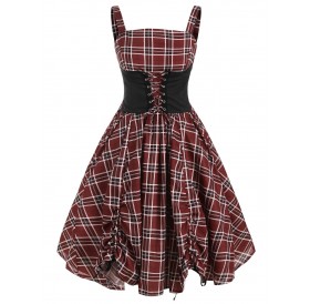 Lace Up Plaid Ruched Tied A Line Dress - 3xl