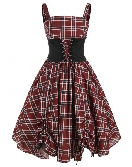 Lace Up Plaid Ruched Tied A Line Dress - 3xl