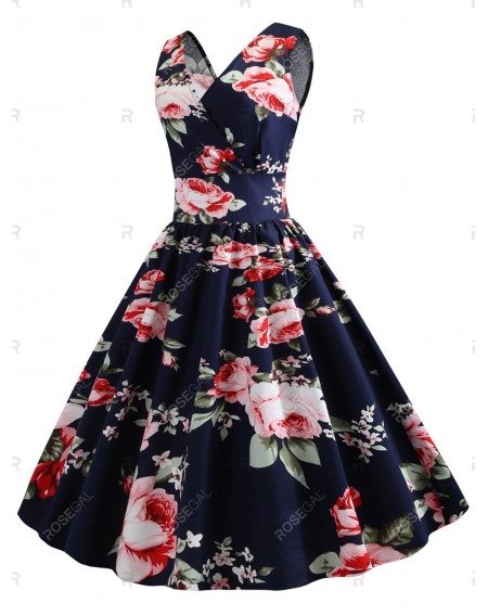 Floral Print Sleeveless V Neck Surplice Dress - 2xl