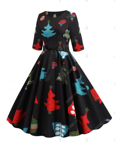 Christmas Tree Print Belted Party Dress - Xl