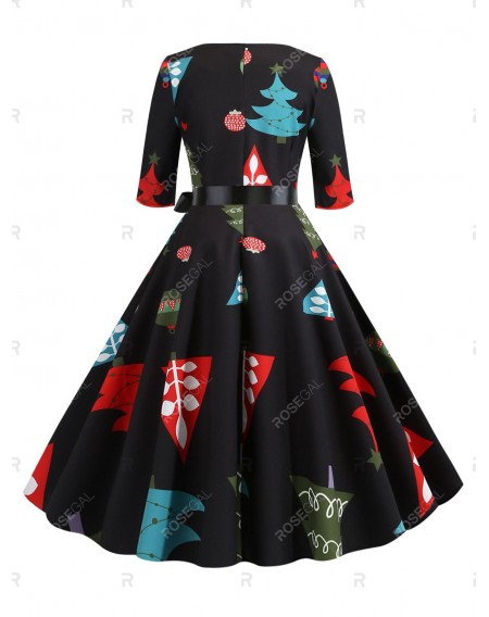Christmas Tree Print Belted Party Dress - Xl