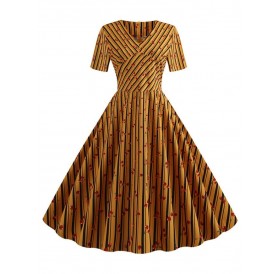 Plaid Striped Cherry Print Short Sleeves Flare Dress - M
