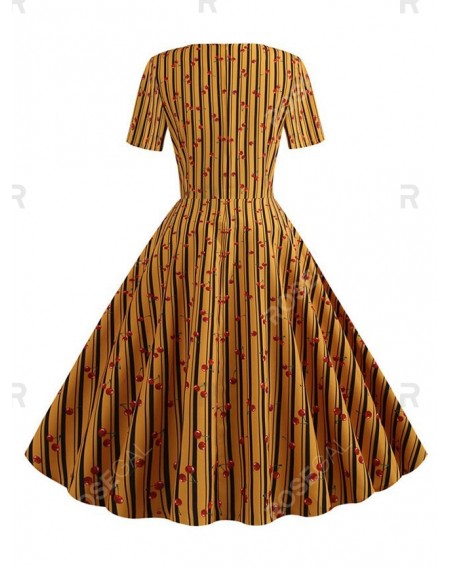 Plaid Striped Cherry Print Short Sleeves Flare Dress - M