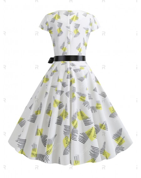Cap Sleeves Printed Belted Vintage Dress - 2xl