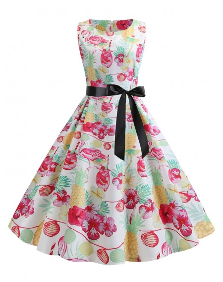 Pineapple Floral Print Belted Flare Dress - 2xl