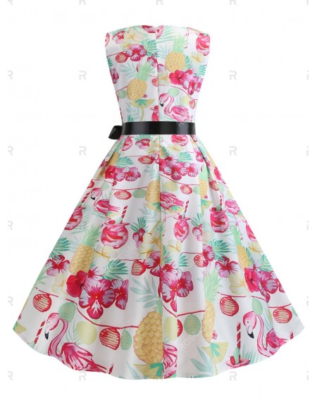 Pineapple Floral Print Belted Flare Dress - 2xl