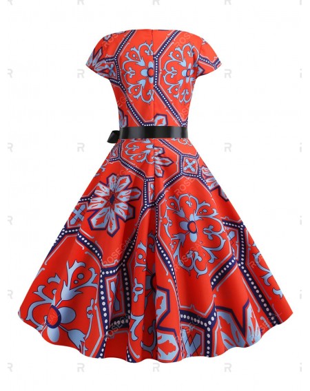 Floral Print Cap Sleeves Vintage Belted Dress - 2xl