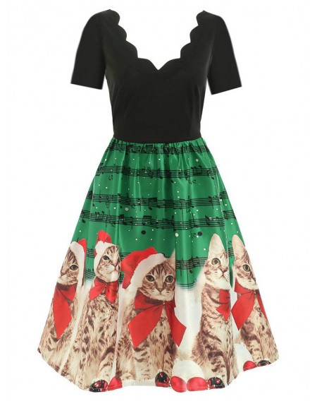 Scalloped Musical Notes Cat V Neck Christmas Dress - 3xl