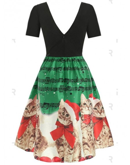 Scalloped Musical Notes Cat V Neck Christmas Dress - 3xl