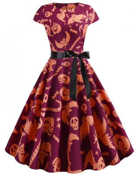 Ghost Pumpkin Bat Cap Sleeves Belted Halloween Dress - 2xl