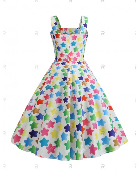 Mock Button Star Print Vintage Flare Dress - 2xl
