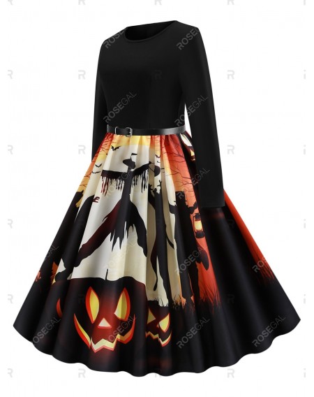 Pumpkin Bat Ghost Belted Halloween Long Sleeves Dress - 2xl