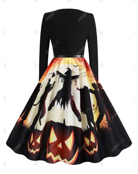 Pumpkin Bat Ghost Belted Halloween Long Sleeves Dress - 2xl