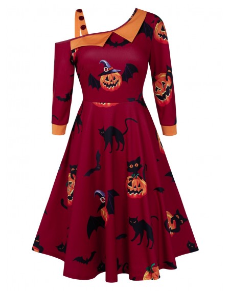 Pumpkin Print Skew Collar Fit And Flare Halloween Dress - 2xl