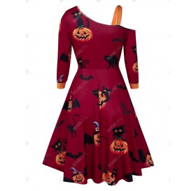 Pumpkin Print Skew Collar Fit And Flare Halloween Dress - 2xl
