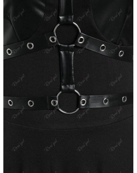 Faux Leather Panel Grommet Handkerchief Midi Dress - L
