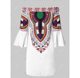 Ethnic Print Off the Shoulder Flare Sleeve Dress - Xl