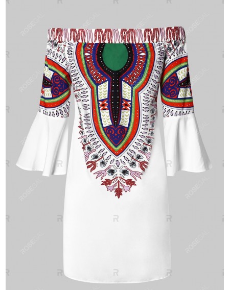 Ethnic Print Off the Shoulder Flare Sleeve Dress - Xl