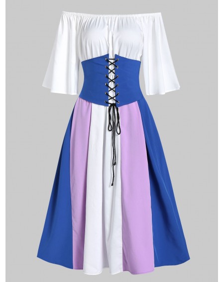 Off Shoulder Color Block Lace Up Midi Dress - 2xl