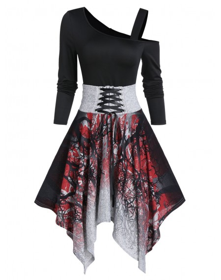 High Waist Asymmetrical Lace Up Dress - M