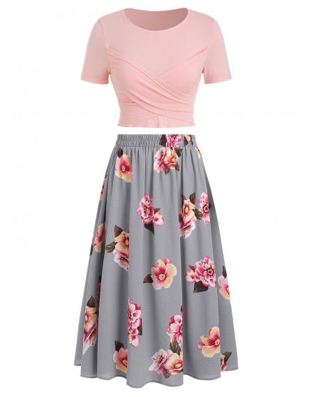 Floral Print Tie Back Two-piece Dress - 2xl