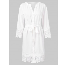 Lace Trim Full Sleeve Button Up Dress - M