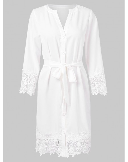 Lace Trim Full Sleeve Button Up Dress - M