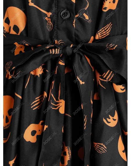 Halloween Skull Spider Print Belted Half Button Dress - 3xl