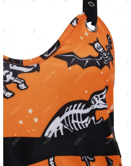 Dinosaur Bat Skeleton Halloween A Line Dress - 3xl