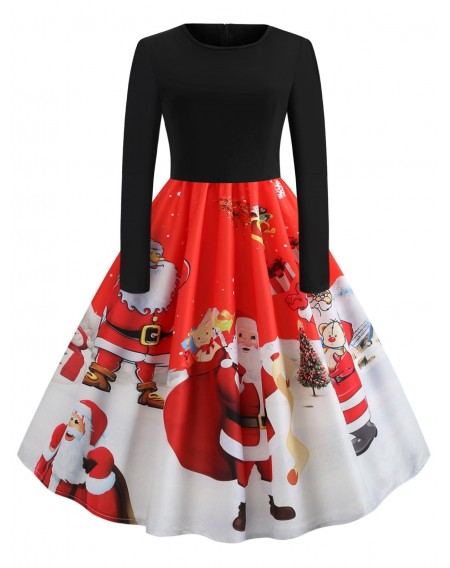 Santa Claus Print Long Sleeve Christmas Dress - 2xl